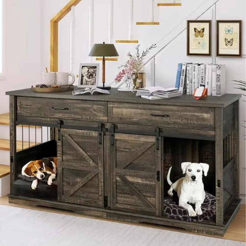 Double Dog Crate, Kennel Furniture with 2 Drawers, TV Stand