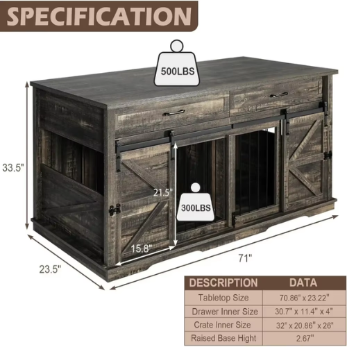 Double Dog Crate, Kennel Furniture with 2 Drawers, TV Stand