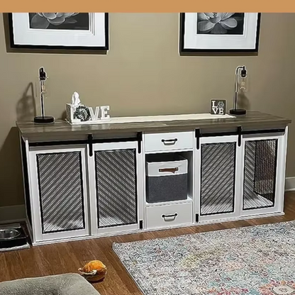 Large Dog Crate Furniture, 85" Sliding Door Double Kennel, Wooden Dogs Crate Kennel Furniture with 4 Dog Bowls and Drawer Indoor