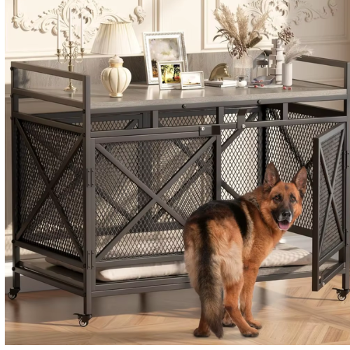 Heavy Duty Large Dog Crate Furniture with wheels, Wooden Dog Kennel