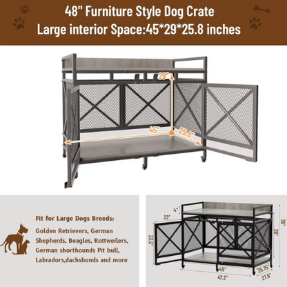 Heavy Duty Large Dog Crate Furniture with wheels, Wooden Dog Kennel