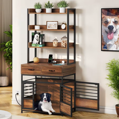 Dog Crate Furniture with Storage Shelves, Drawers & Charging Station