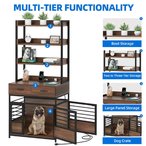 Dog Crate Furniture with Storage Shelves, Drawers & Charging Station