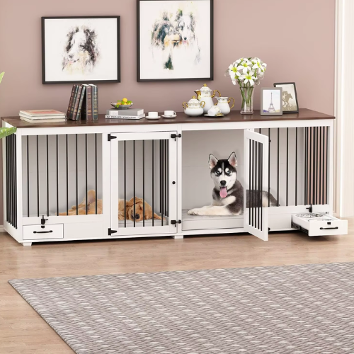 Large Wooden Dog Crate Heavy Duty with Bowl, Drawers & Divider