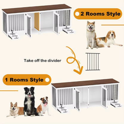 Large Wooden Dog Crate Heavy Duty with Bowl, Drawers & Divider