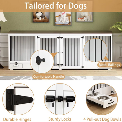 Large Wooden Dog Crate Heavy Duty with Bowl, Drawers & Divider