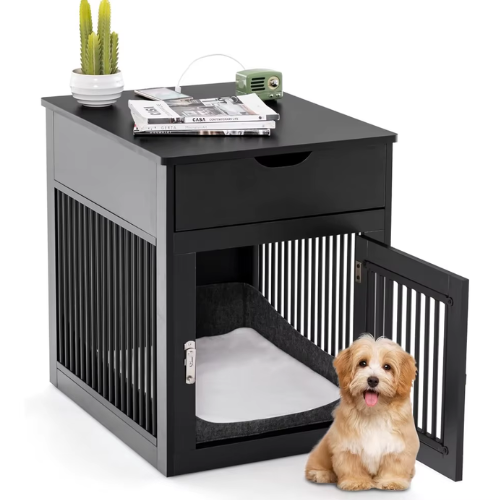 Furniture Style Dog Crate, Decorative Dog Kennel End Table Nightstand with USB & Wireless Charging Station, Storage Drawer, Indoor